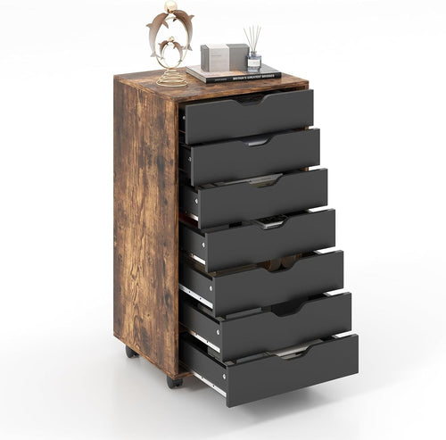 Rustic Mobile File Cabinet 7 Drawer Rolling Printer Stand Under Desk