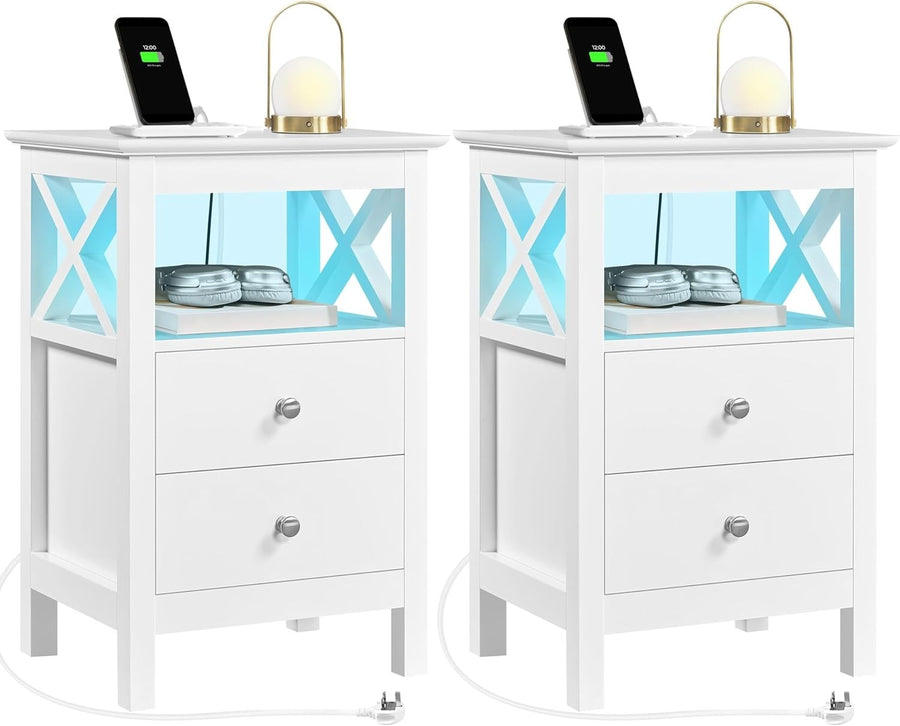 Set of 2 Smart Bedside Tables with LED Lights & USB Charging Ports | 2 Drawer
