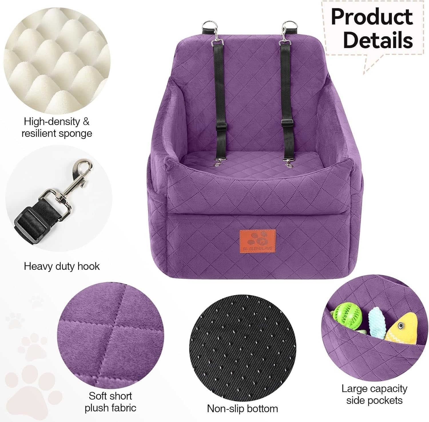 Memory Foam Dog Car Booster Seat Washable Travel Bed Safety Belts