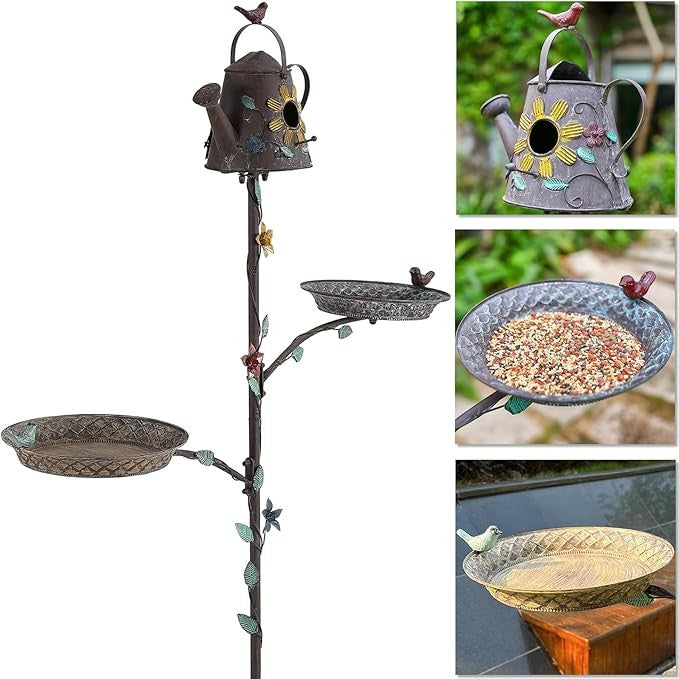 67.9" Metal Bird Bath & Birdhouse 3-in-1 Feeder Pole – Outdoor Garden Décor