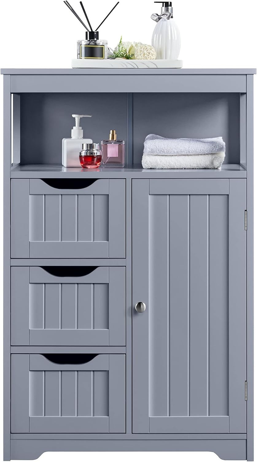 Grey Bathroom Storage Cabinet with 3 Drawers & Door Freestanding Unit