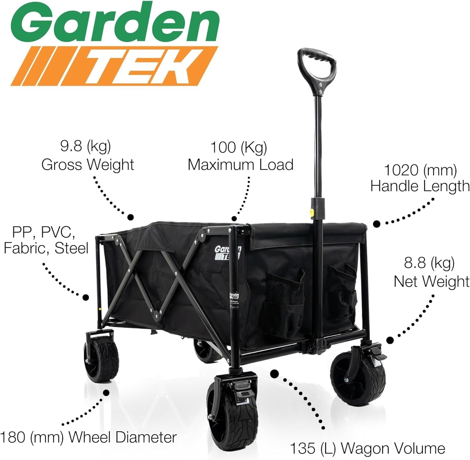 Folding Garden Trolley Cart 100kg Load 135L Capacity w/ Brakes 360° Wheels Black