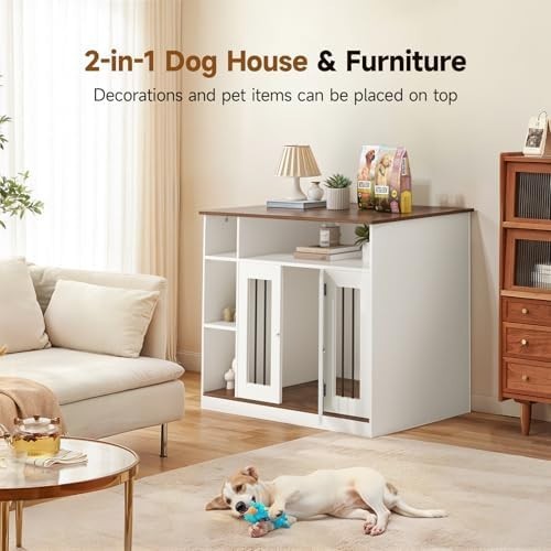 Wooden Dog Crate Furniture White – Lockable Medium Pet Kennel Cabinet