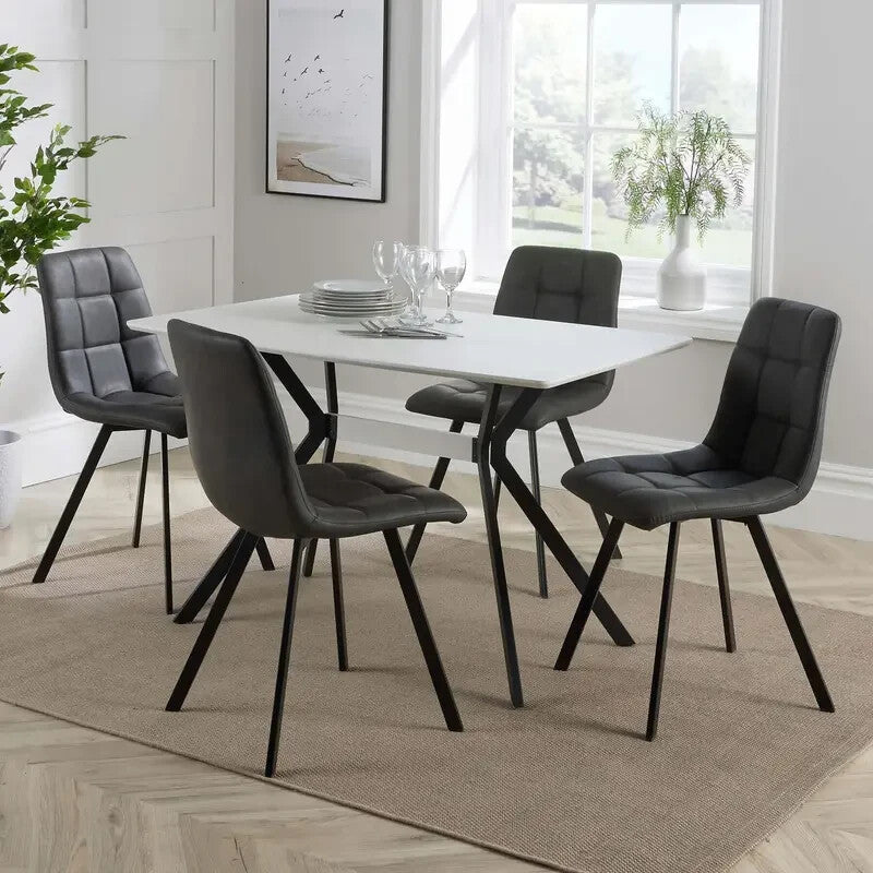 4 Seater Dining Table Set White Top with Grey Fabric Chairs Metal Legs