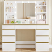 Vanity Makeup Dressing Table Desk w/Large Mirror LED Lights 9 Drawers White-Gold
