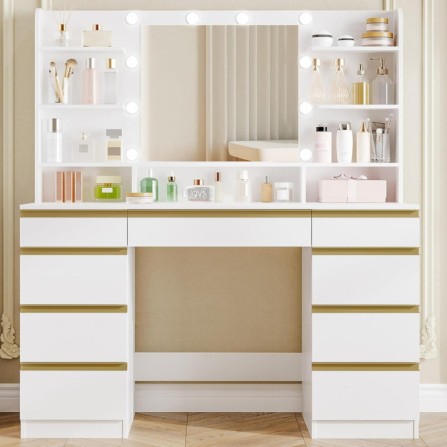 Vanity Makeup Dressing Table Desk w/Large Mirror LED Lights 9 Drawers White-Gold