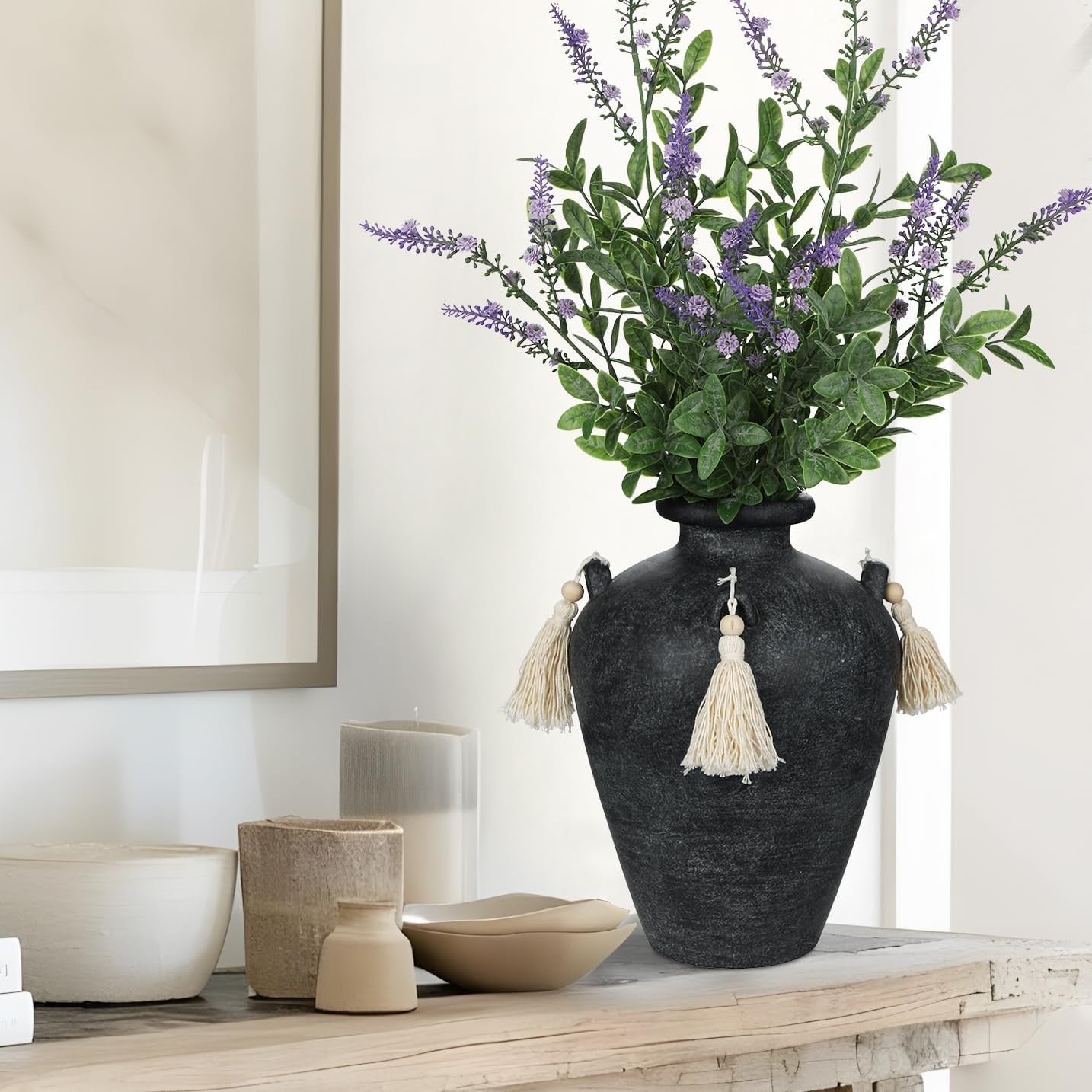 Black Ceramic Vase with Tassels Boho Pampas Grass Rustic Home Decor 24cm