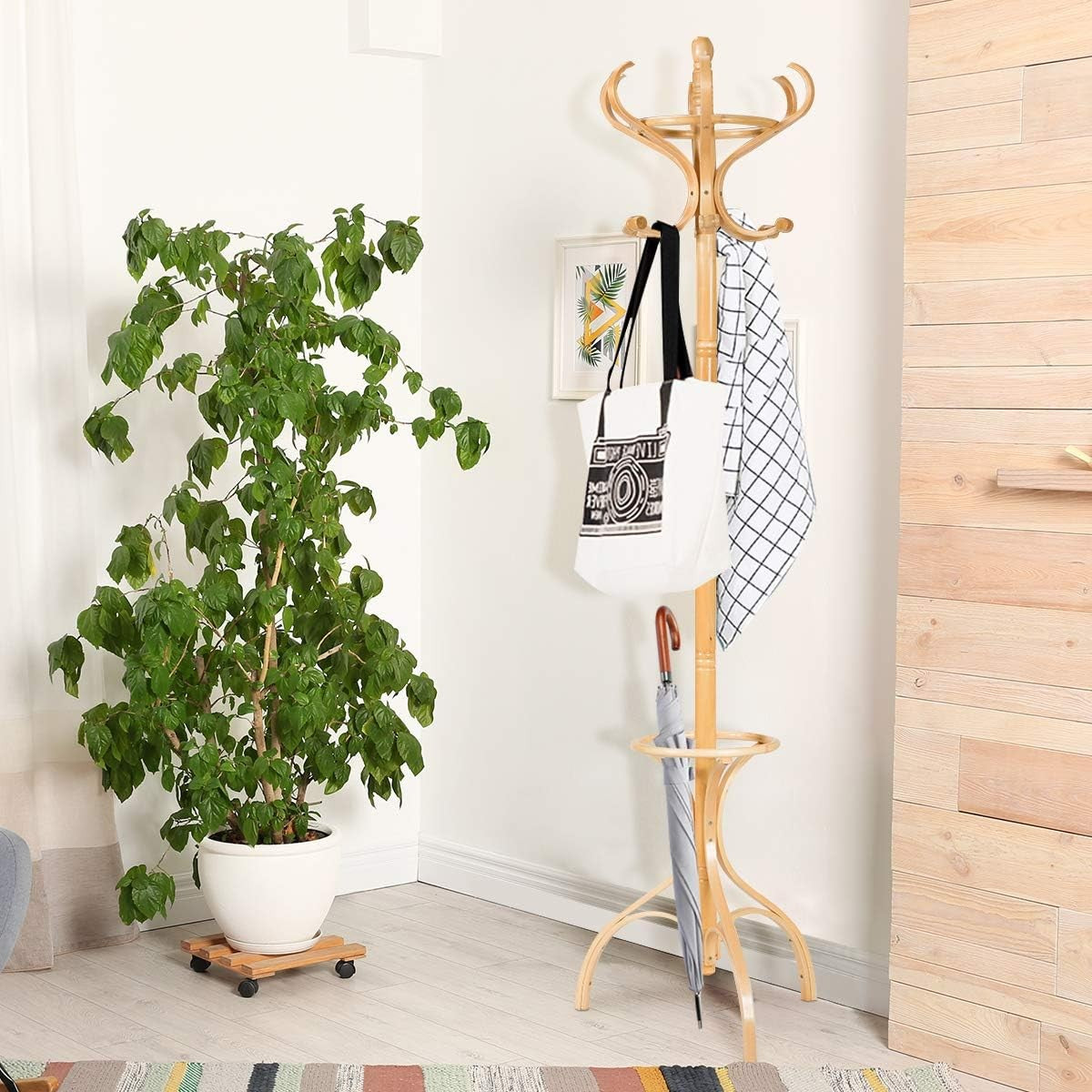 360° Rotating Oak Wooden Coat Rack Stand 12 Hooks Freestanding Hall Tree