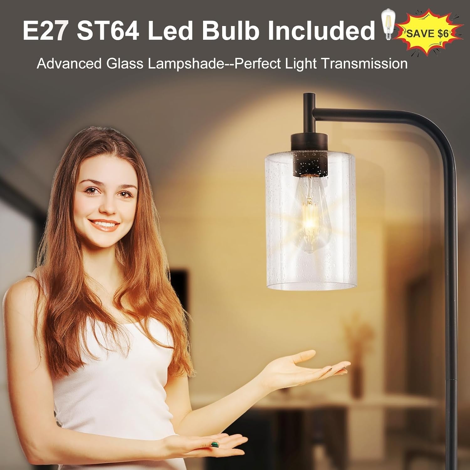 Tall Floor Lamp Industrial Black Seeded Glass E27 LED Modern Corner