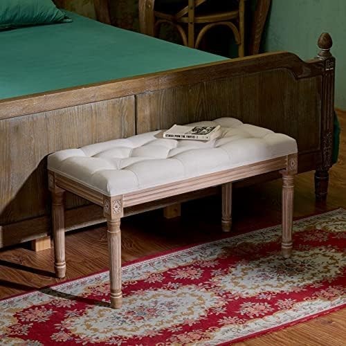 Vintage Upholstered Bench Tufted Seat 80cm Long Beige Entryway Dining