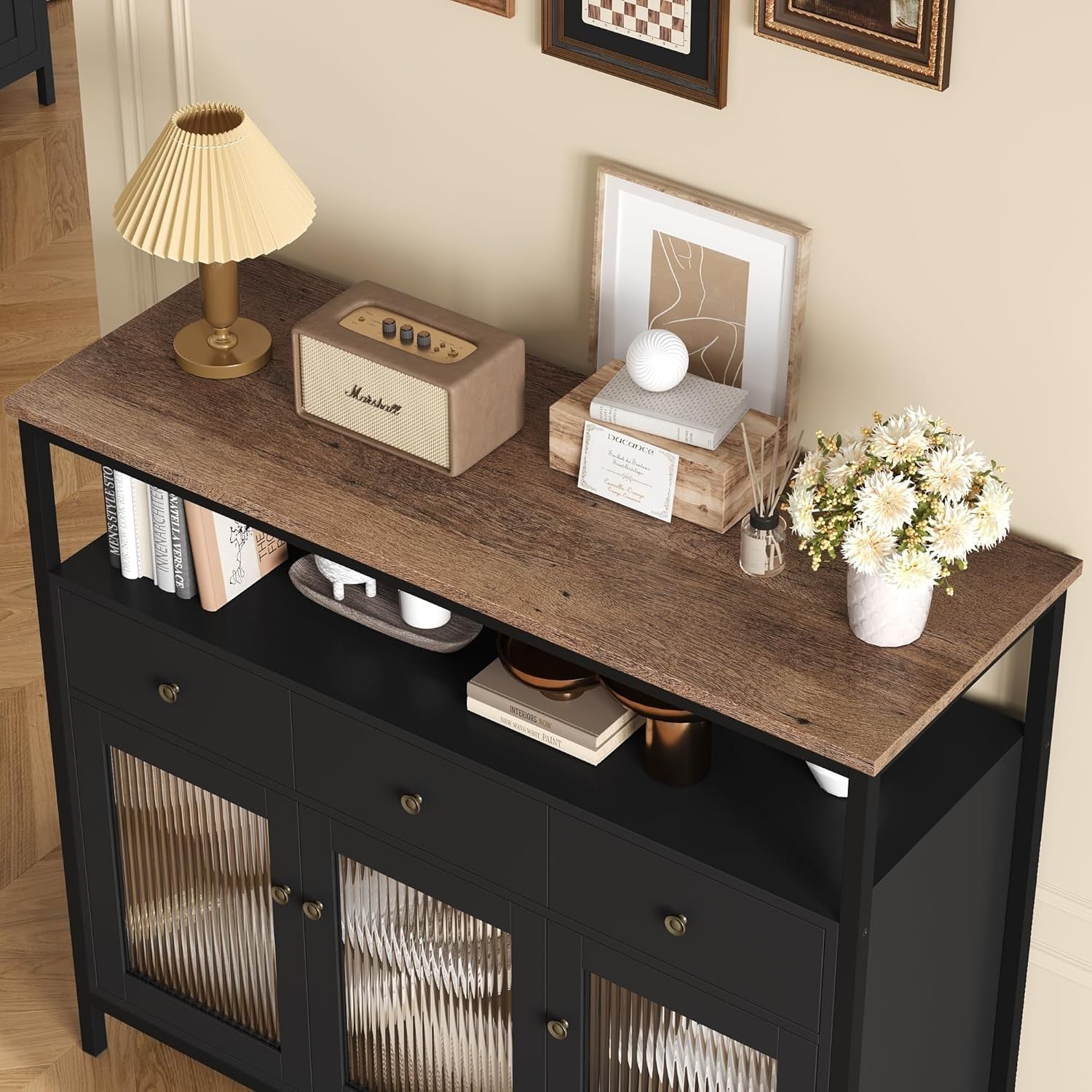 Modern Black Sideboard Cabinet with Glass Doors, Drawers, Adjustable Shelves