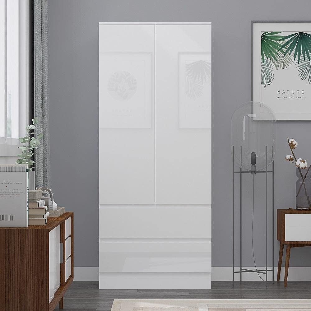 Modern White Gloss 2 Door Wardrobe with Drawers Soft Close Bedroom Storage