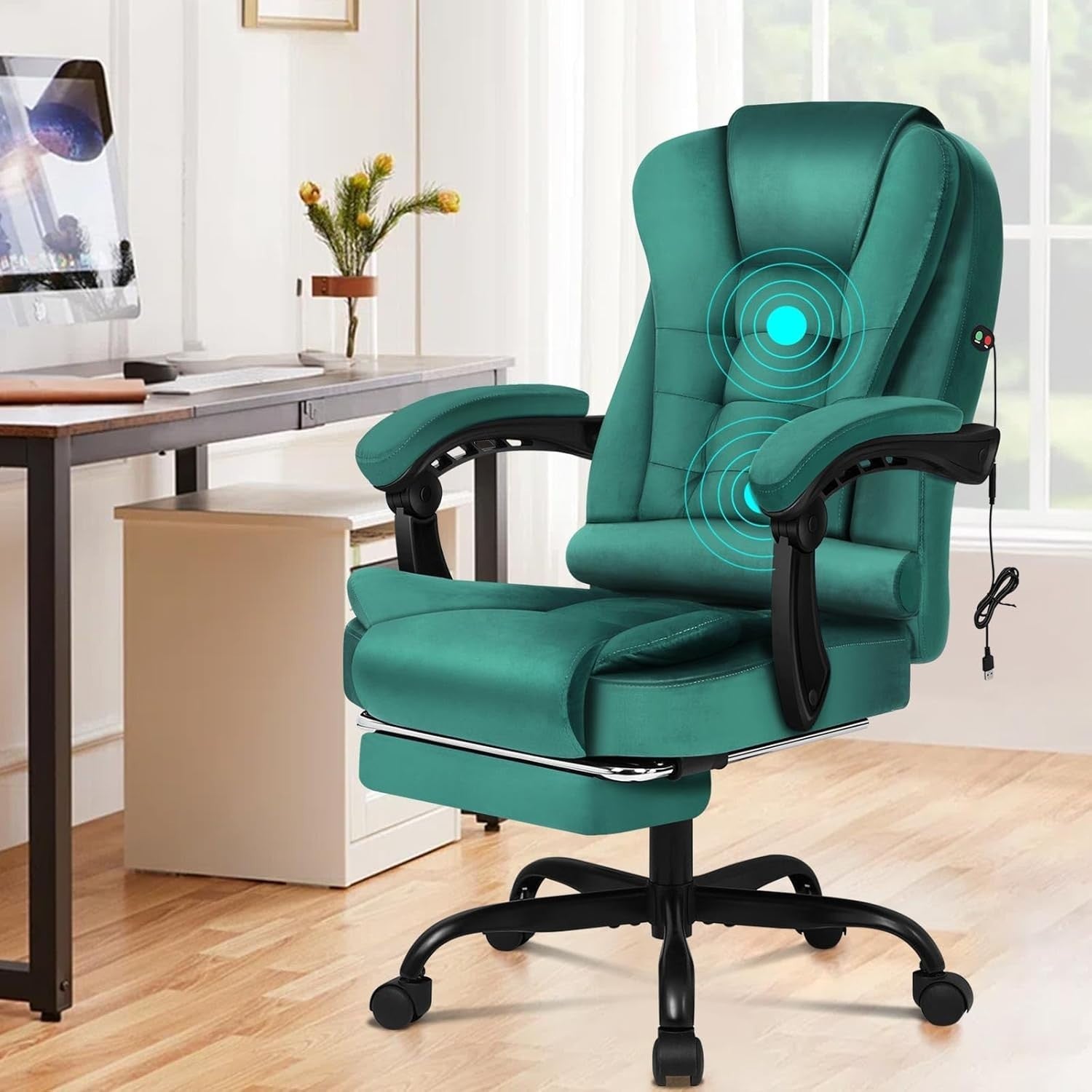 Velvet Massage Office Chair Recliner Footrest Ergonomic Swivel Green