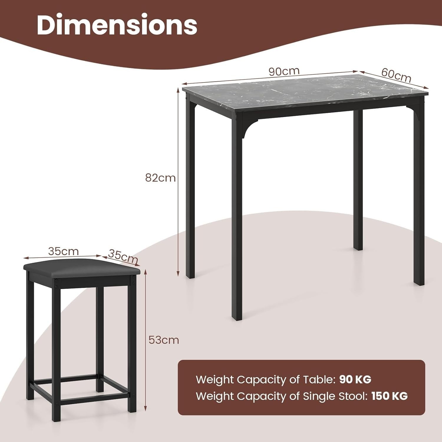 3-Piece Bar Table Set with Marble Top & 2 Stools Space-Saving Dining Black