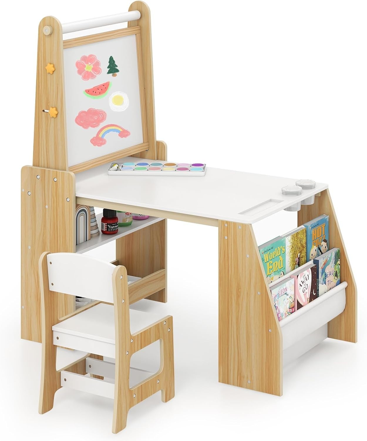 Kids Art Table & Chair Set with Double-Sided Easel, Paper Roll & Storage Shelves