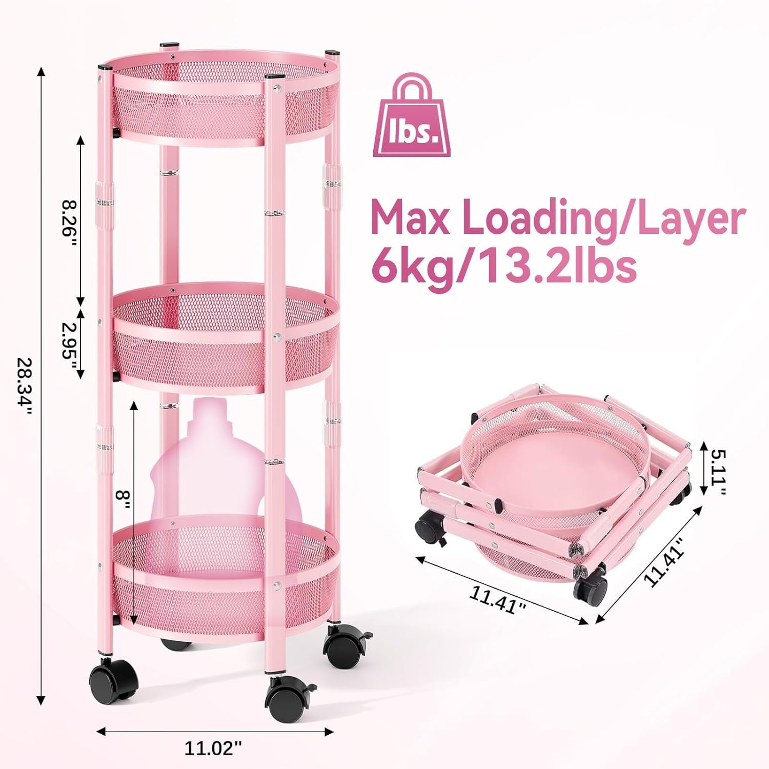 3 Tier Foldable Rolling Storage Cart Metal Utility Trolley Lockable Wheels