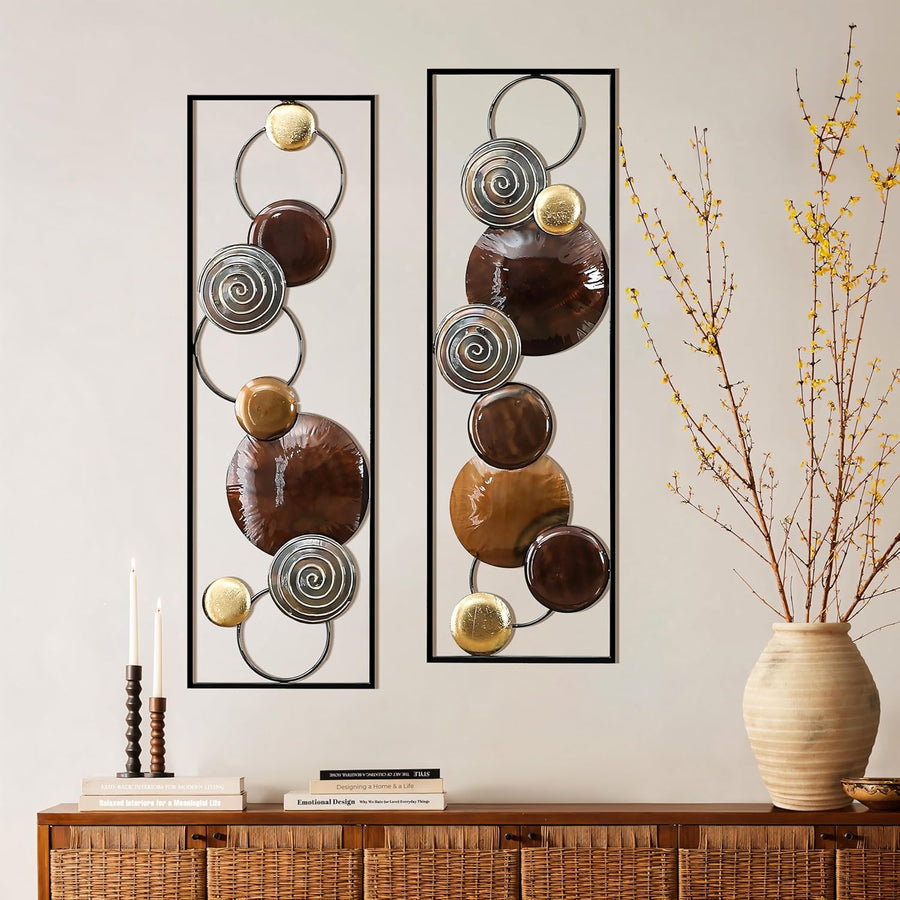 Abstract Metal Wall Art Set of 2 Brown Gold 36" Framed Decor