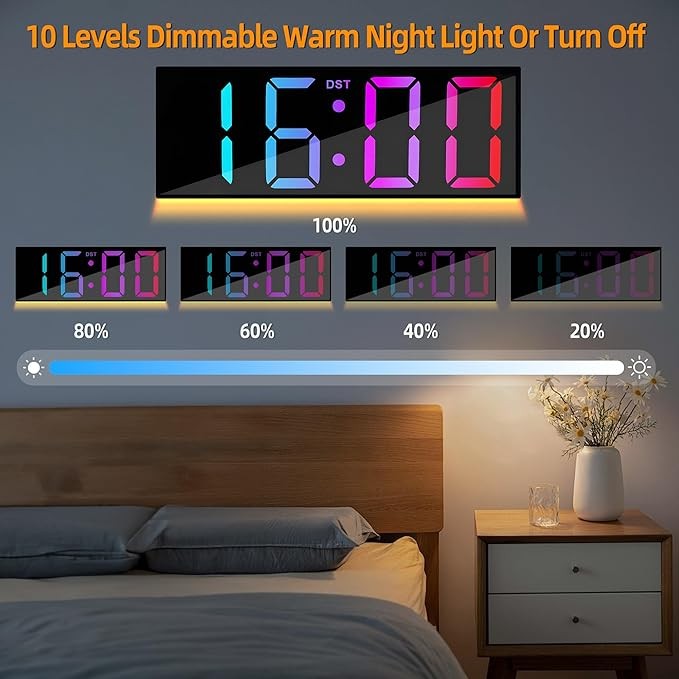 Large RGB Digital Wall Clock 12" LED Display Auto-Dim Night Light Bedroom Office