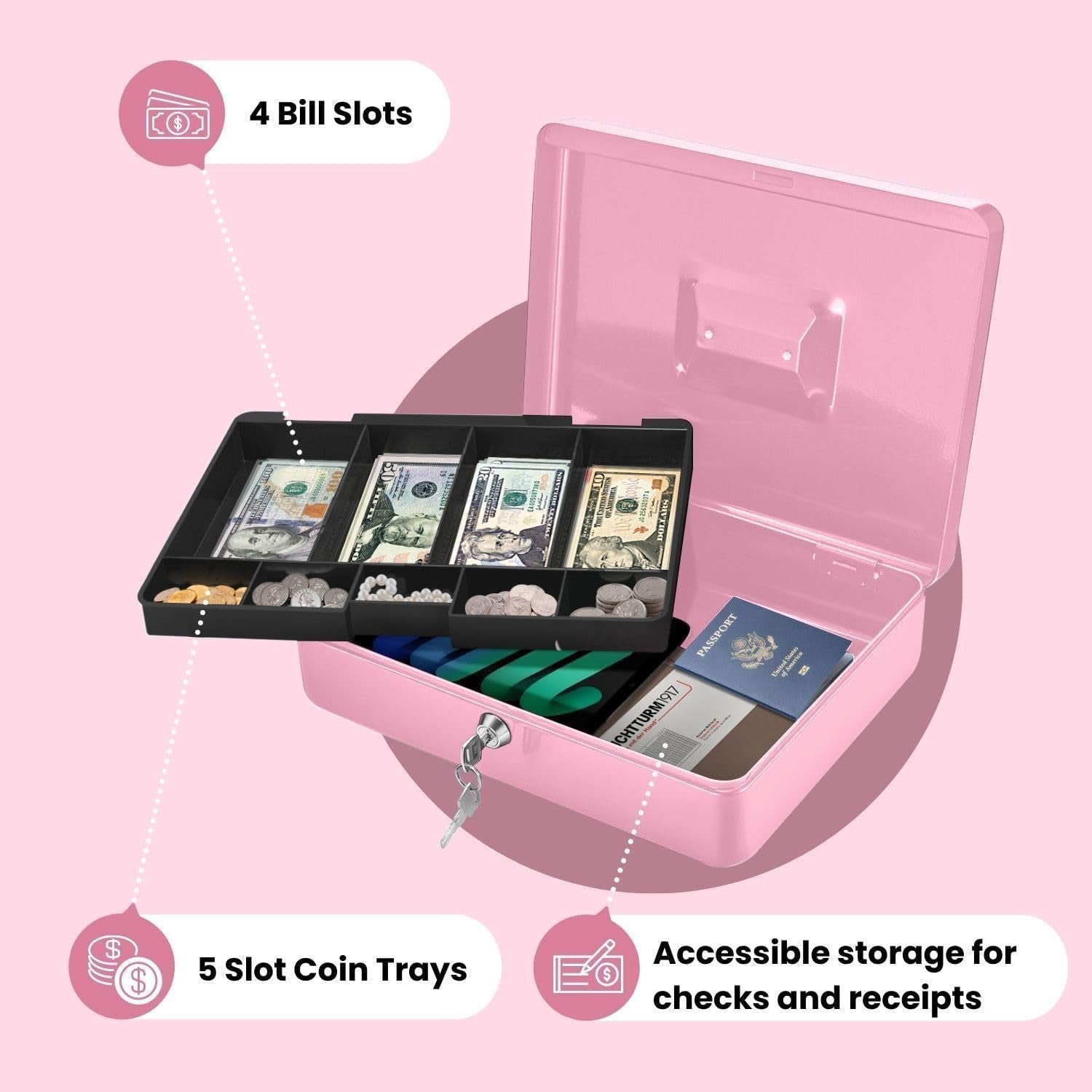 Pink Cash Box with Lock 9 Compartment Money Tray Portable Storage