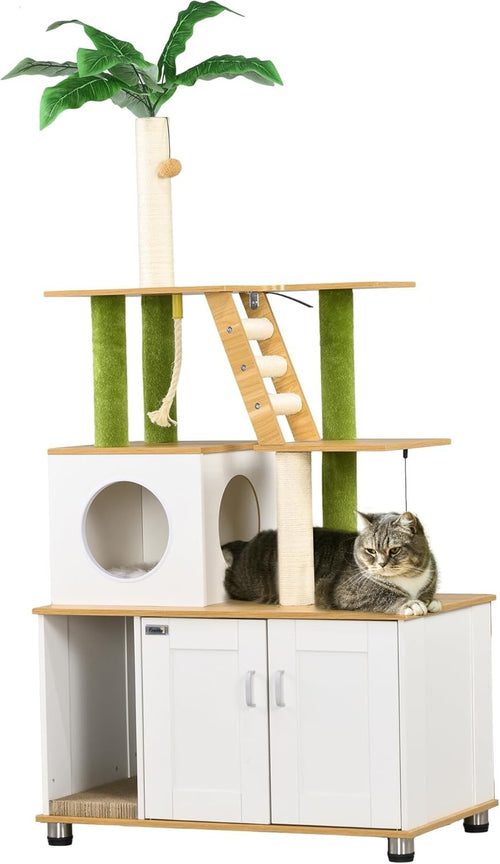 Cat Tree with Hidden Litter Box Cabinet Indoor Tower Scratcher House Ladder