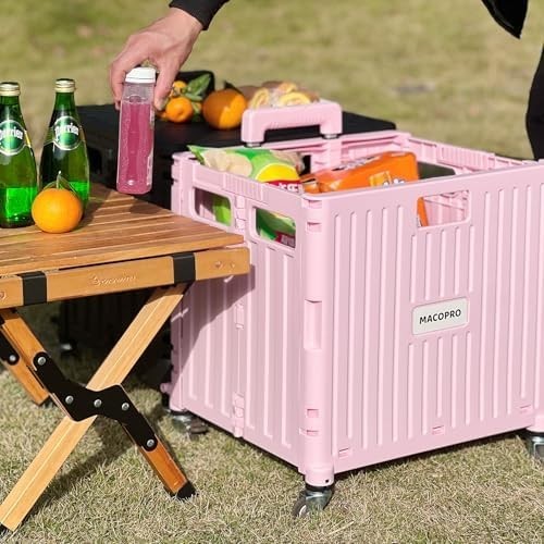 Folding Utility Cart Rolling Crate Trolley Lid Basket 360° Wheels Pink