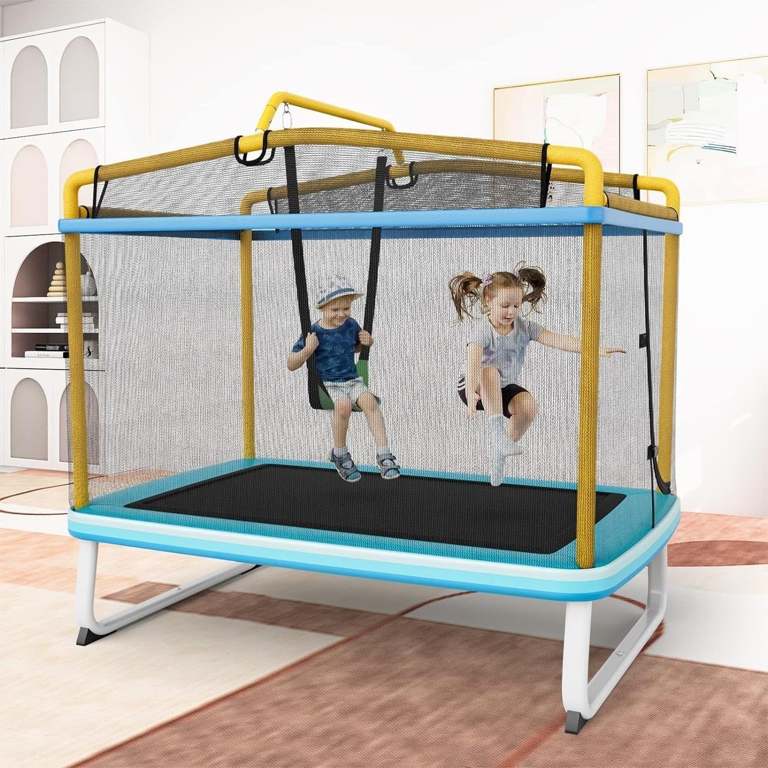 6FT Kids 3-in-1 Trampoline with Safety Net Swing Bar Indoor Outdoor