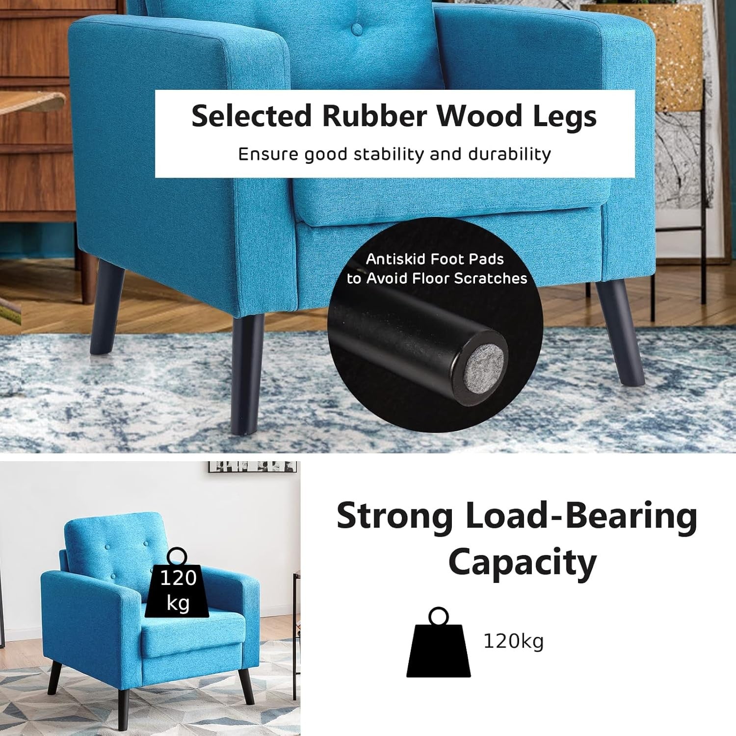 Blue Accent Armchair Button Tufted Linen Lounge Chair