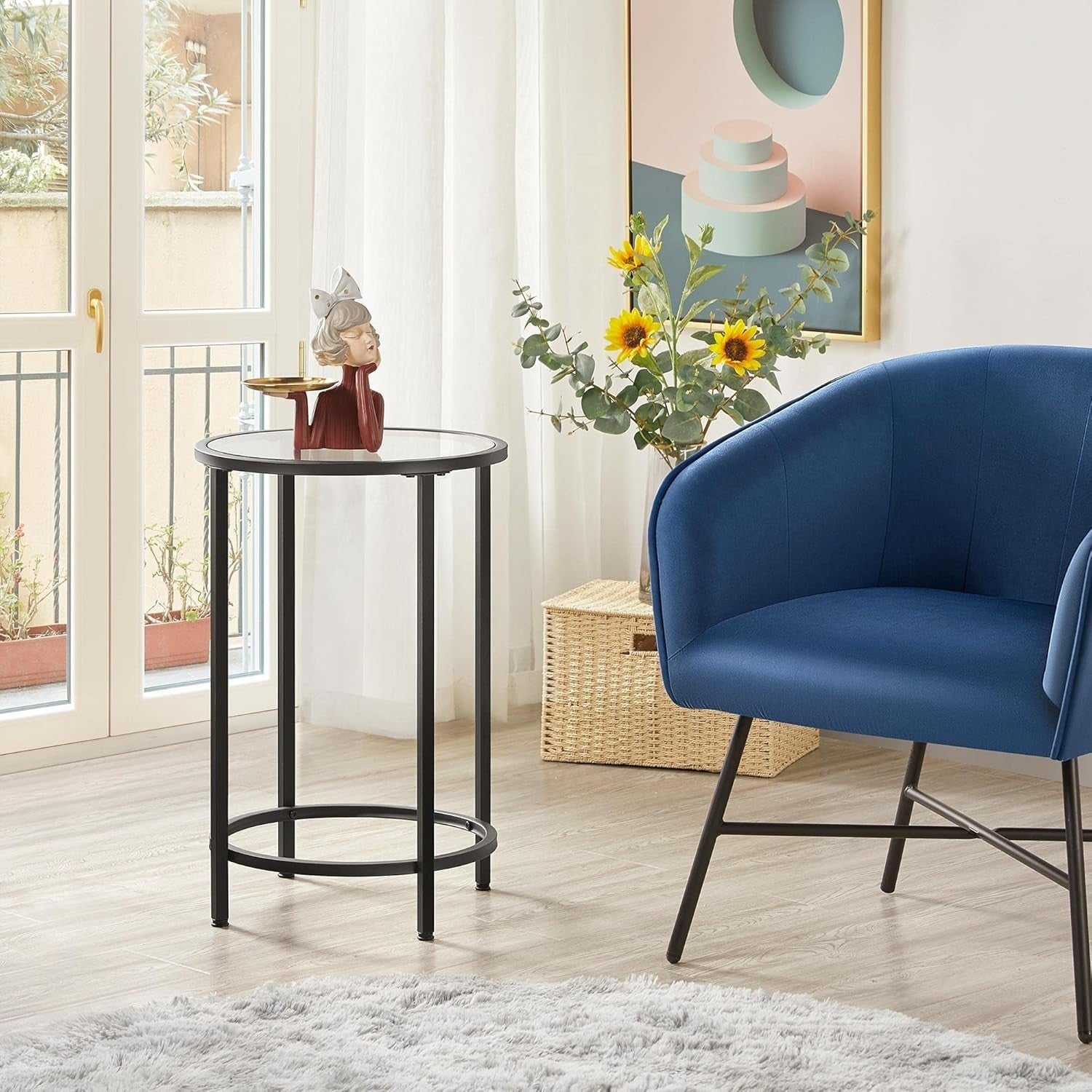 Modern Round Tempered Glass Side Table with Metal Frame, 40.5cm Top, Sturdy