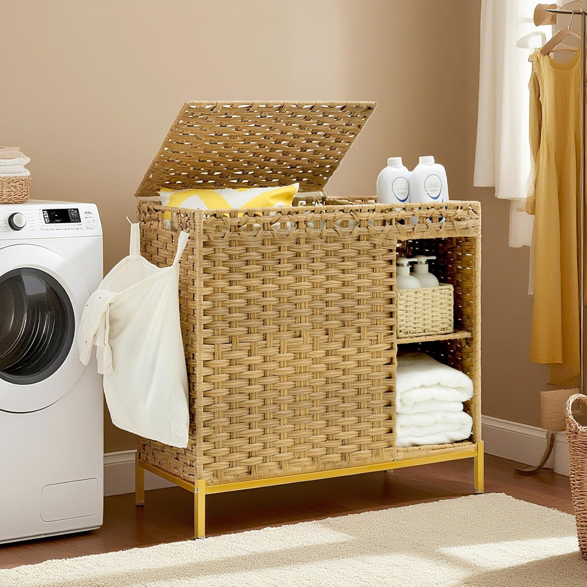 110L Rattan Laundry Hamper with Lid 3 Bags Storage Shelf Wicker Organizer Unit