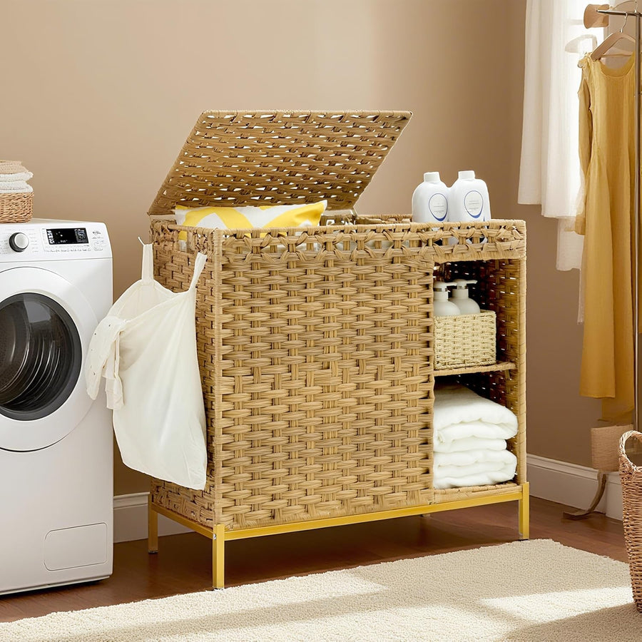 110L Rattan Laundry Hamper with Lid 3 Bags Storage Shelf Wicker Organizer Unit