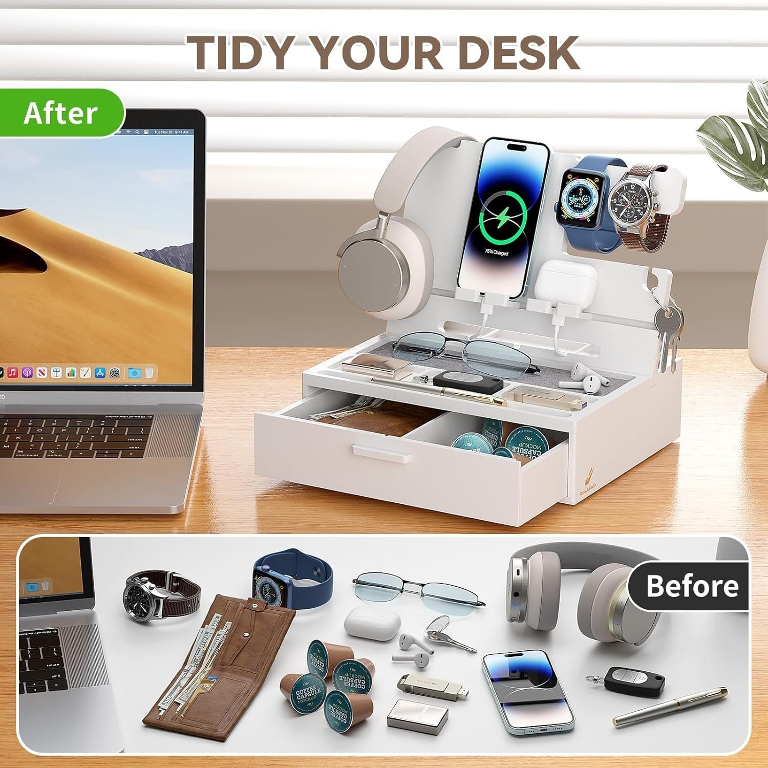 Bamboo Nightstand Organizer Tray with Drawer & Phone Dock for Multi-Device