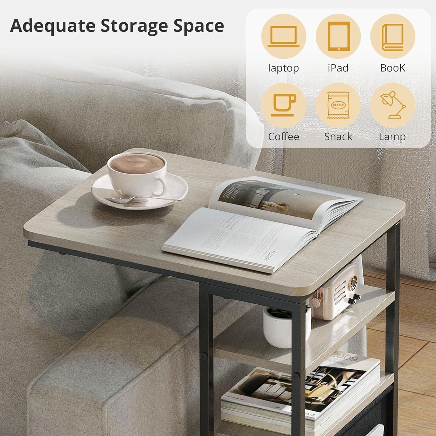 Slim C-Shaped End Table with Storage Bag | Adjustable, Sturdy Metal Frame for Sm