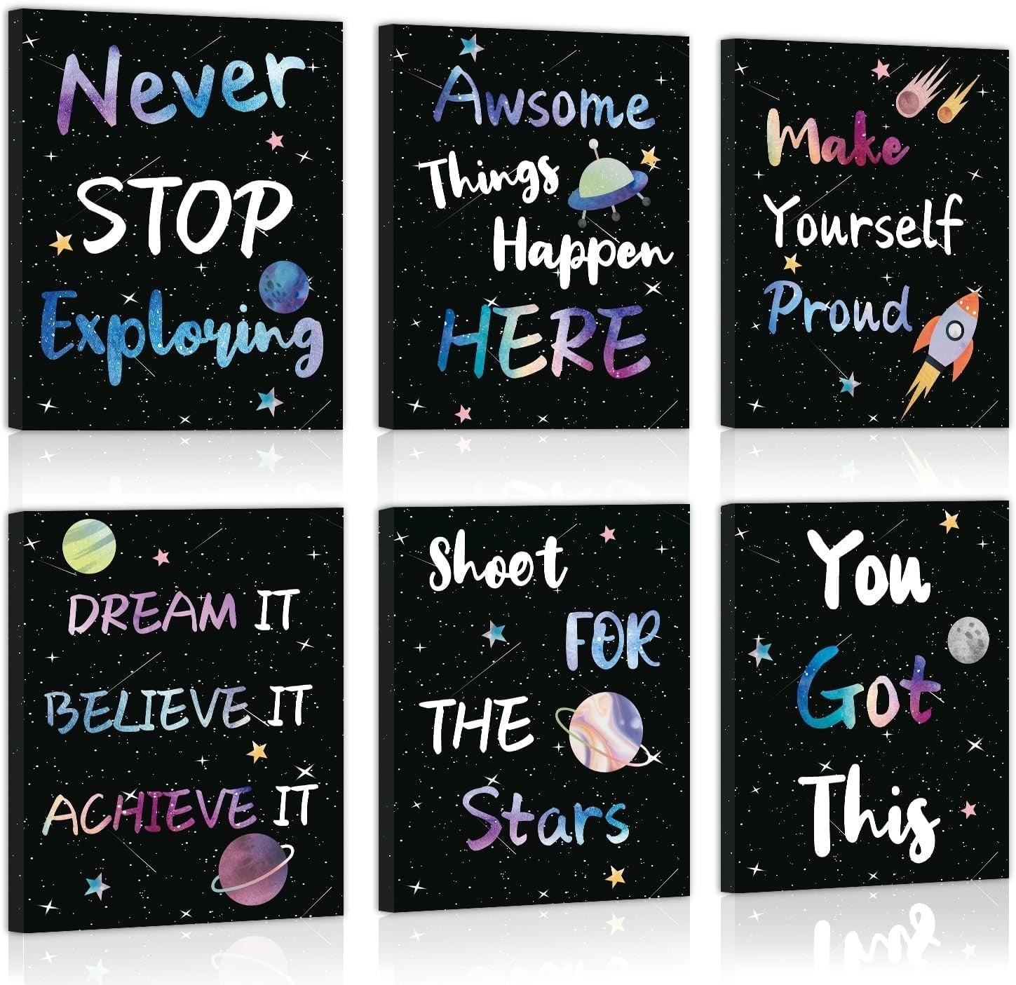 Space Motivational Wall Art Set of 6 Framed Kids Bedroom 25x20cm