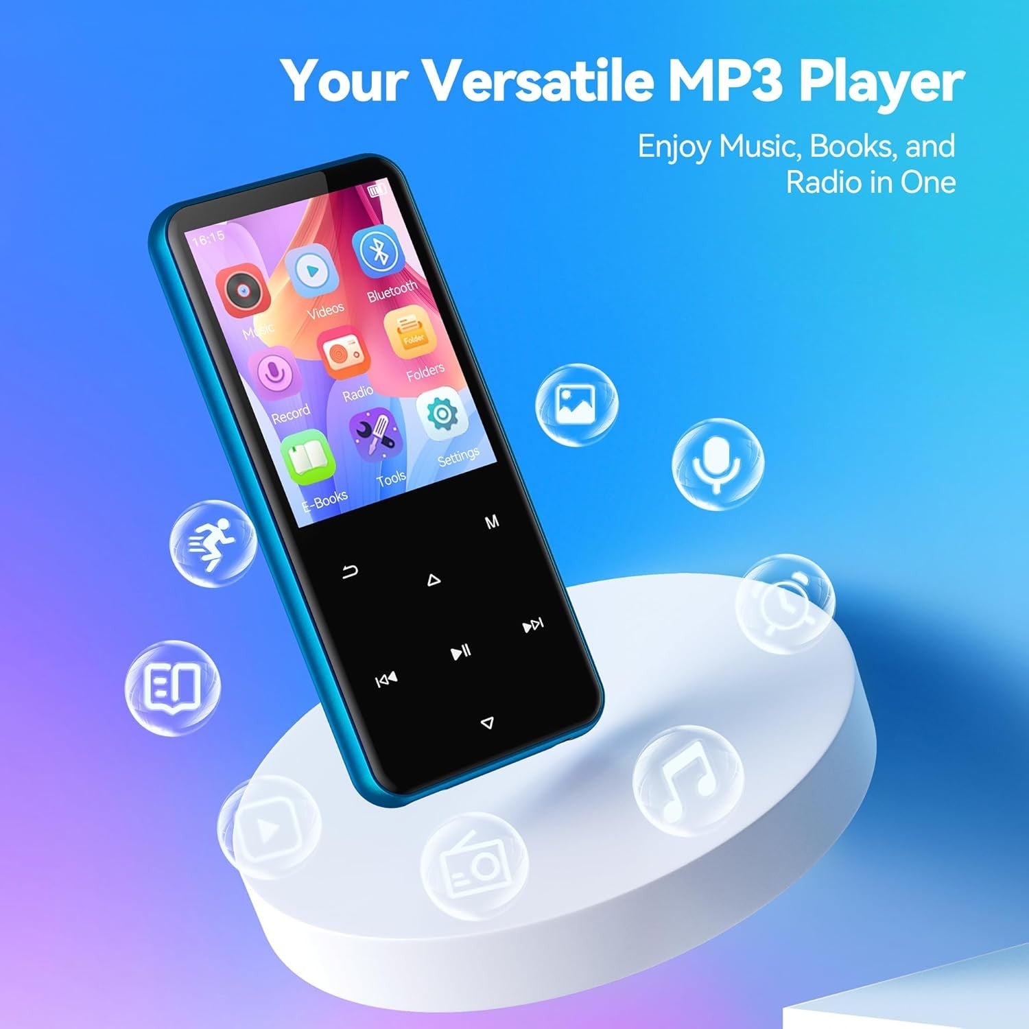 64GB Bluetooth 5.3 MP3 Player 2.4" Touch Screen FM Speaker Blue