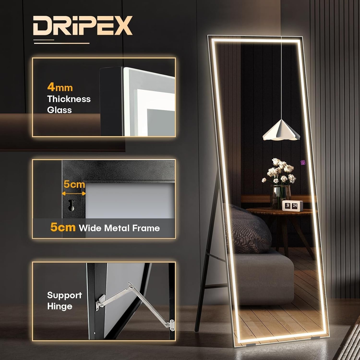 LED Full Length Mirror 150x40cm Wall Mounted Touch Light Black Frame