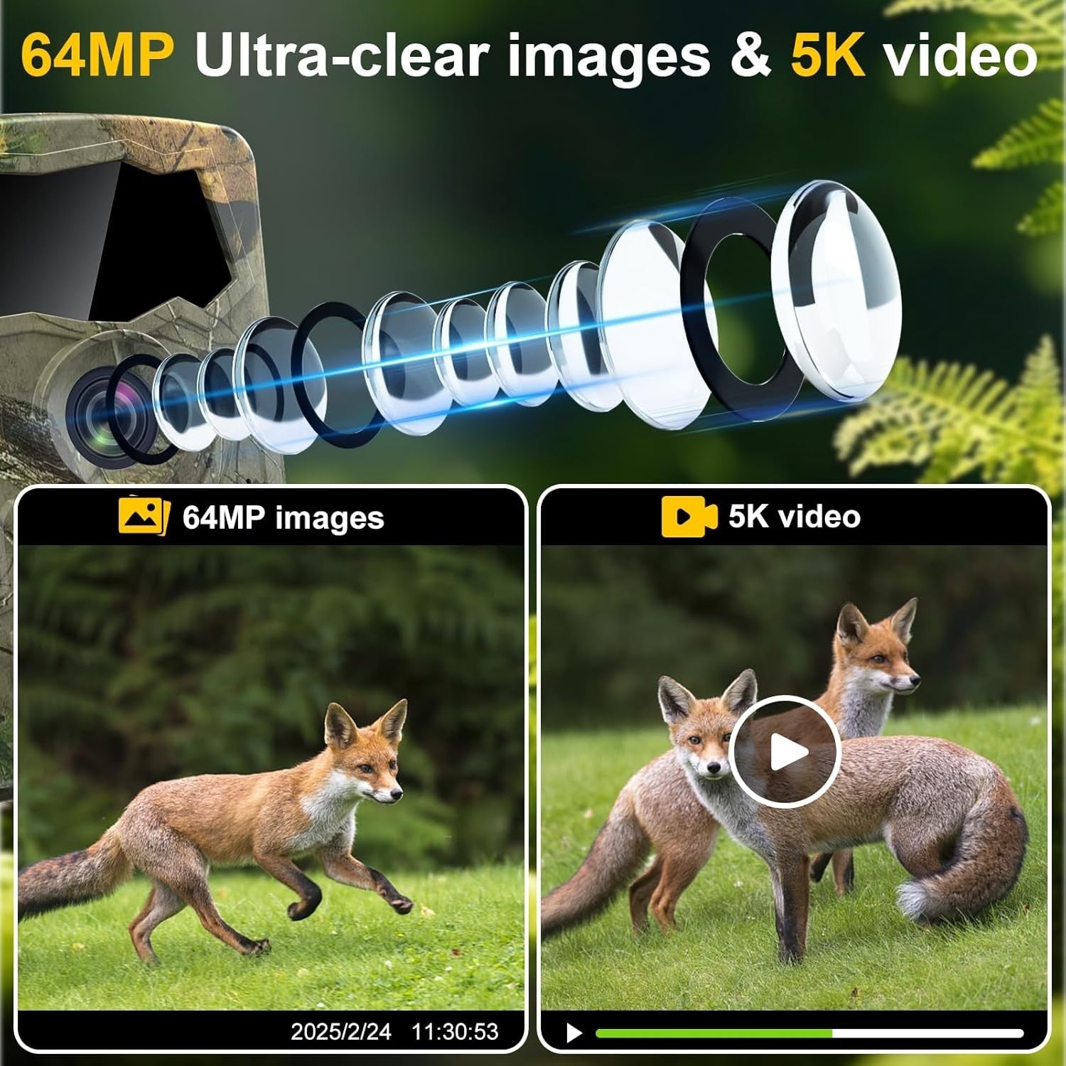 5K Trail Camera 64MP WiFi Night Vision Wildlife Camera Motion Sensor