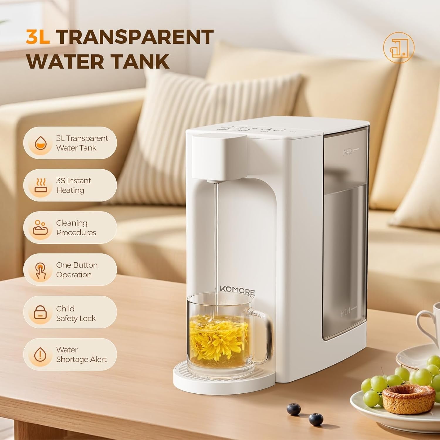 Instant Hot Water Dispenser 3L | Fast Boil Touch Presets LED Night Light