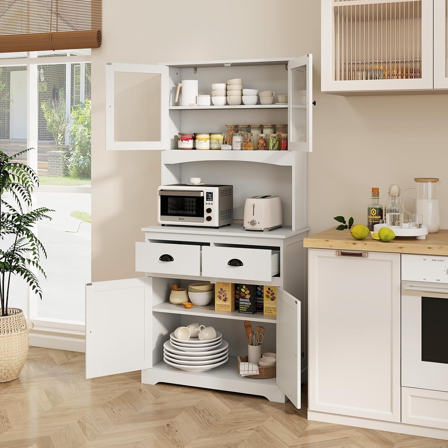 170cm Tall 4-Door Kitchen Cupboard 2-Drawer Adjustable Shelves White