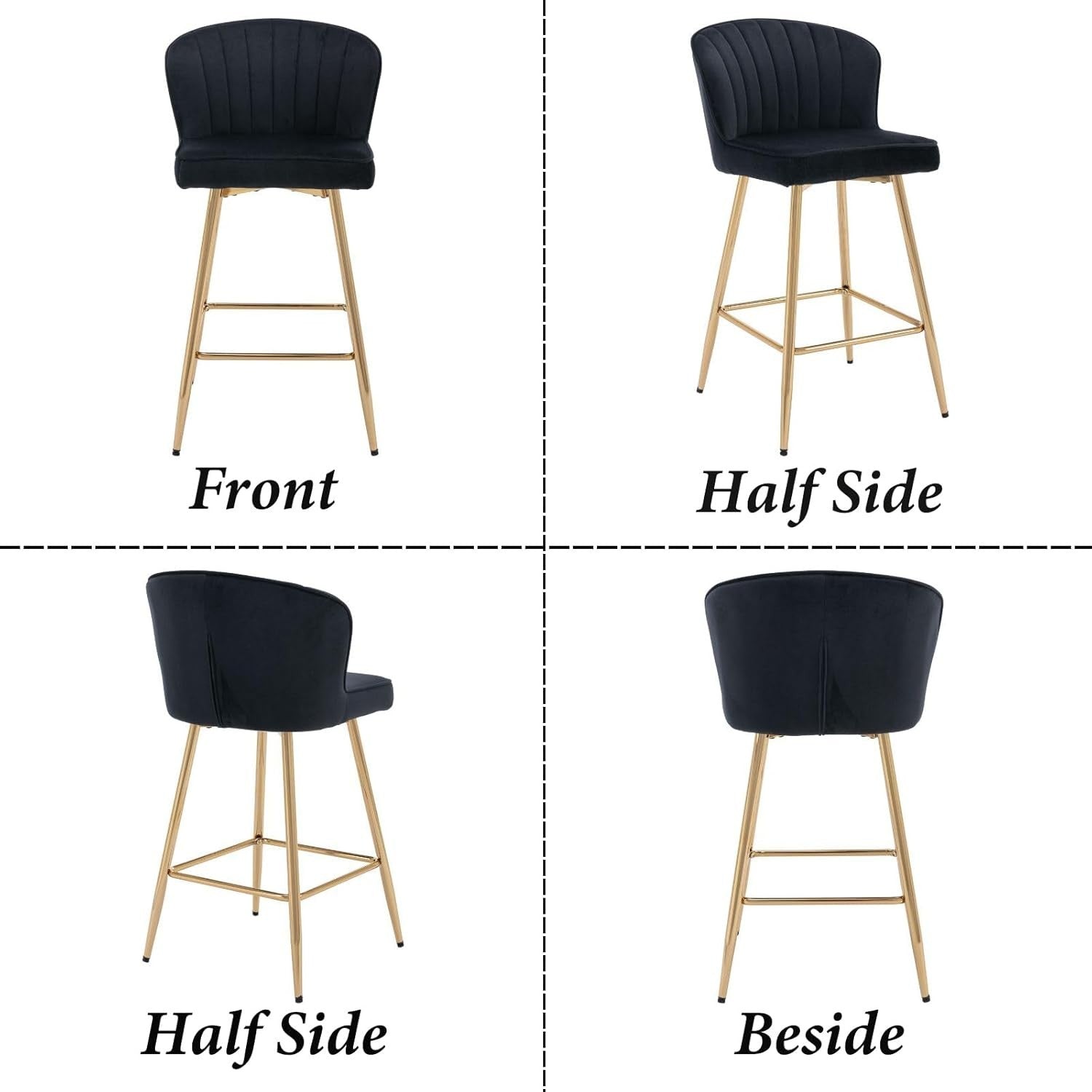 Set of 2 Black Velvet Bar Stools with Gold Metal Legs – Adjustable Counter Chair