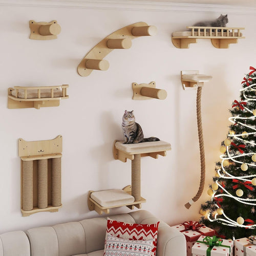 Cat Wall Climbing Set Solid Wood Shelves Scratching Posts Platforms Bed