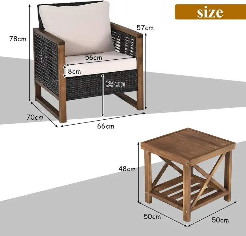 3PC Rattan Patio Bistro Set with Cushioned Chairs & Acacia Coffee Table