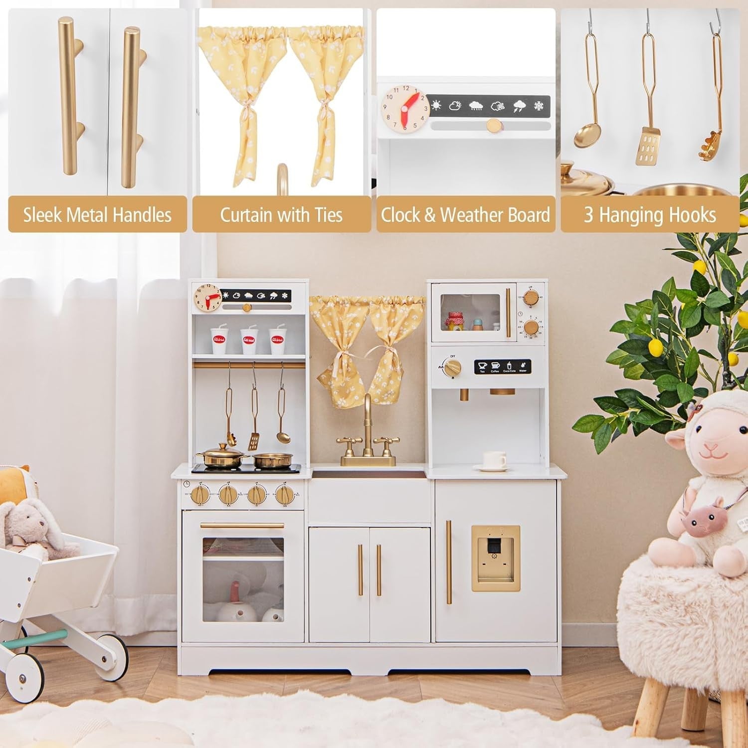 Kids Wooden Play Kitchen Lights Sounds Coffee Maker Microwave White