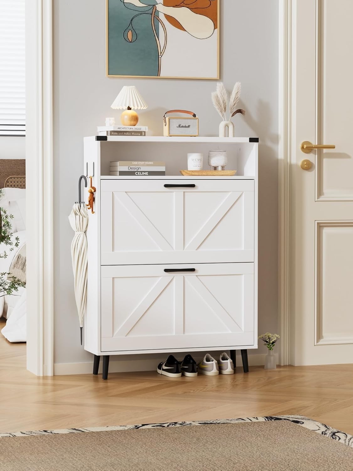 Slim White Shoe Cabinet with 2 Flip Drawers & Adjustable Shelves, Narrow Hallway