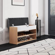 Natural Wooden Shoe Storage Bench with Cushion 2-Tier Organizer Cabinet