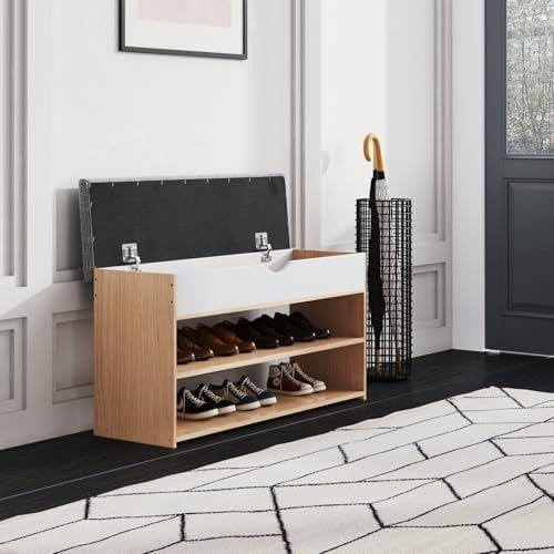 Natural Wooden Shoe Storage Bench with Cushion 2-Tier Organizer Cabinet