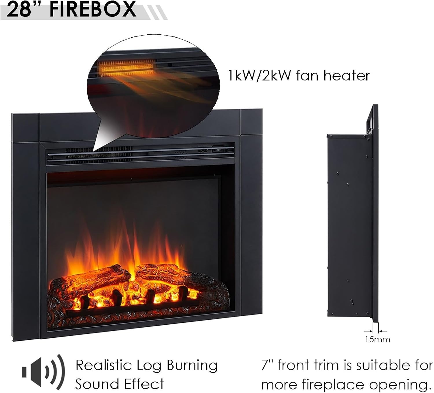 Built-In Electric Fireplace Insert 72cm LED Flame Heater Remote Control