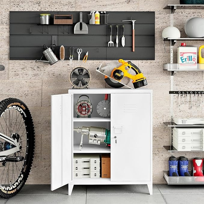 White Metal Storage Cabinet with Locking Doors Adjustable Shelves Office
