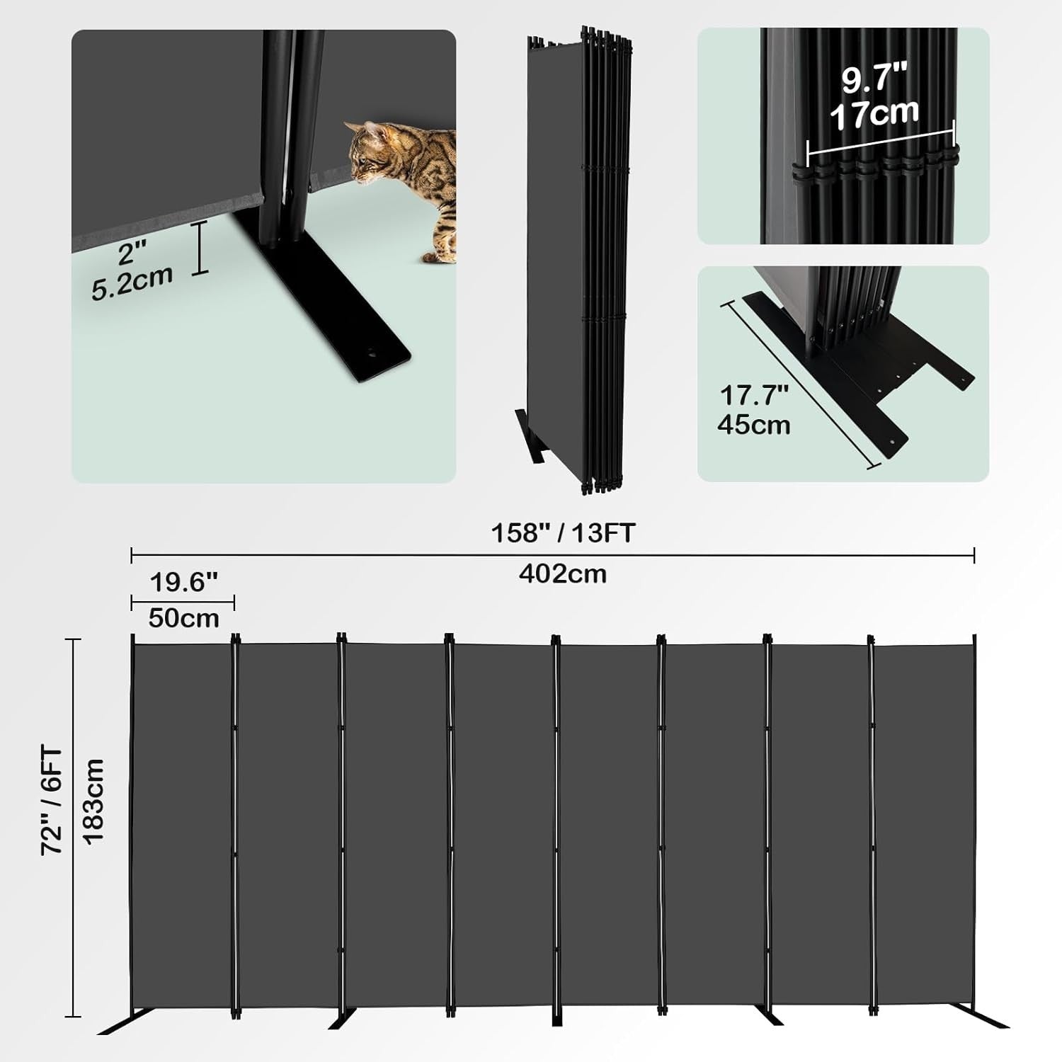 8 Panel Room Divider Folding Privacy Screen Freestanding Partition 402x183cm Gre