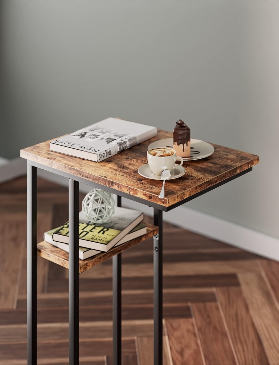 Slim Rustic Brown C Shaped End Table Sofa Couch Bed TV Tray Laptop Stand