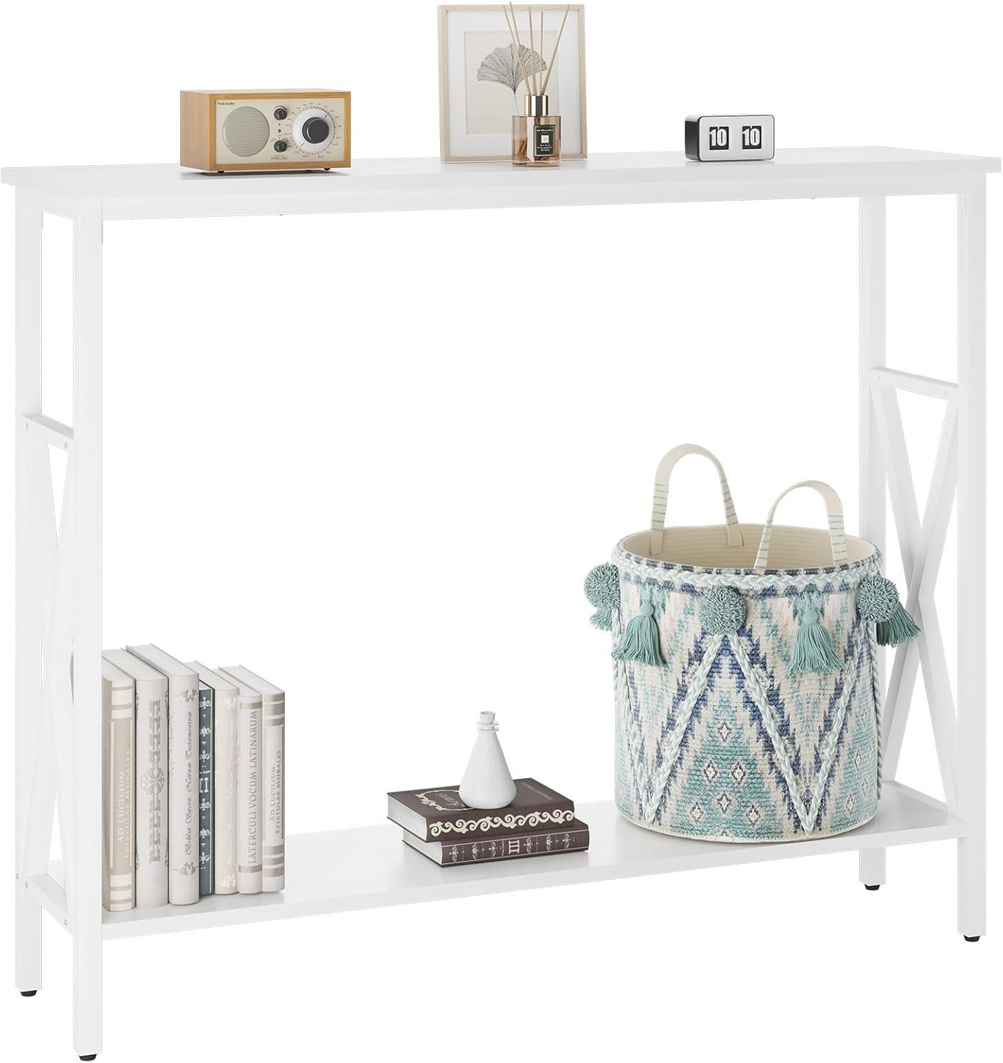Compact Industrial Console Table with Adjustable Feet & Metal Frame, White